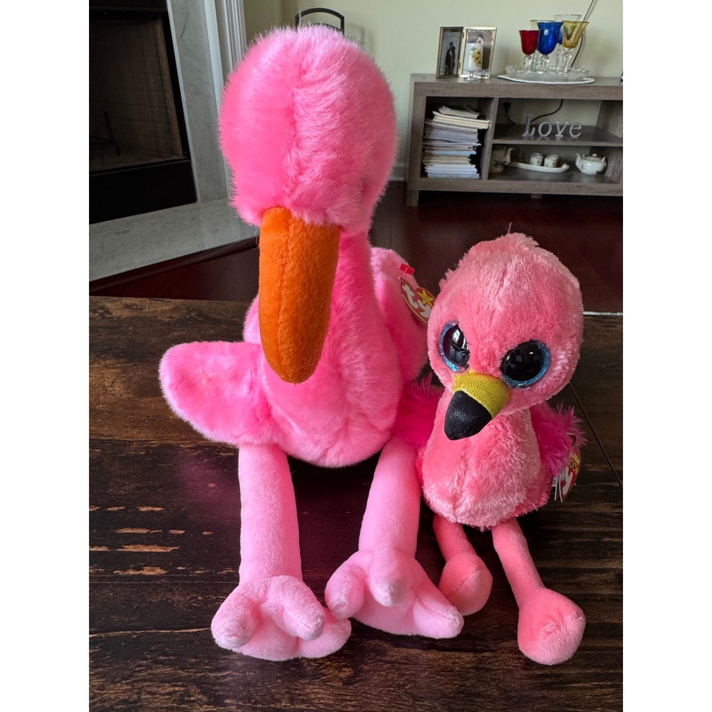 Ty Beanie Baby Gilda and Beanie Boo Frilly Flamingo Plush Set Pink Birds NWT